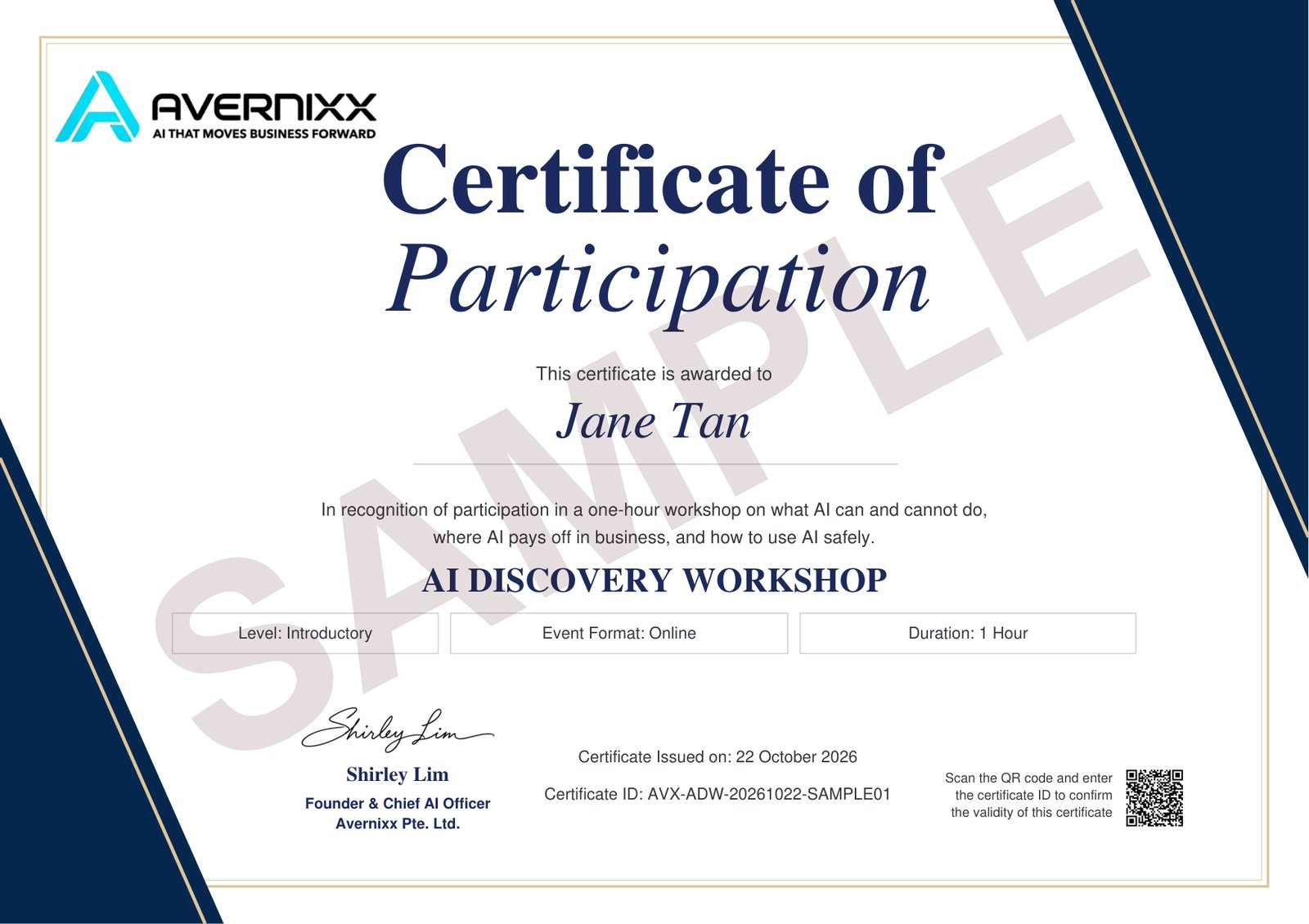 Sample Certificate of Participation for The AI Discovery Workshop, marked SAMPLE